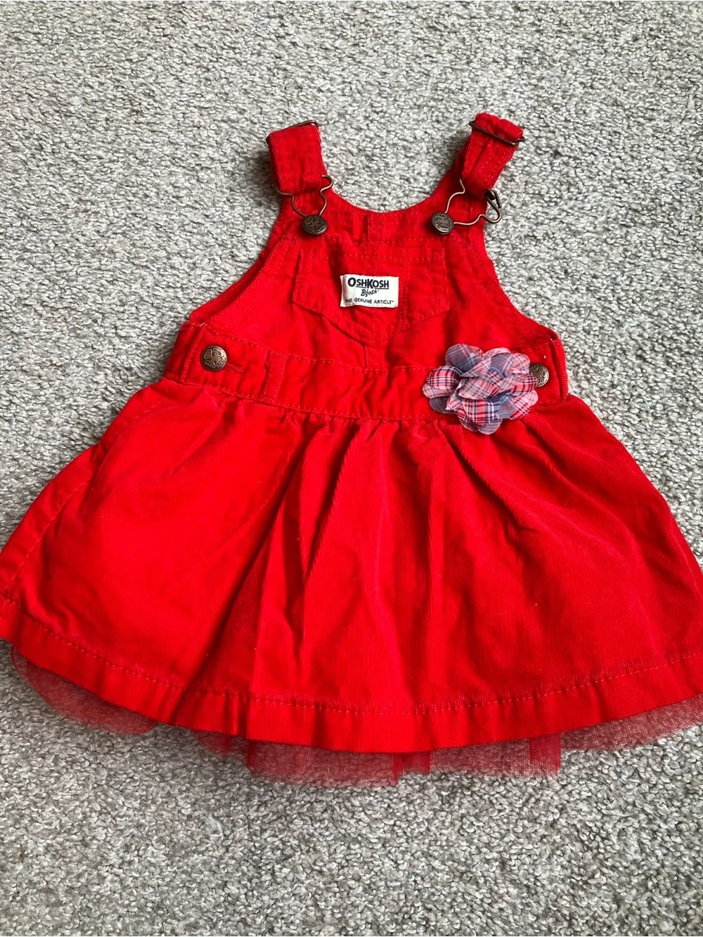 OshKosh B'gosh Bright Red Corduroy Overall Dress with Plaid Flower